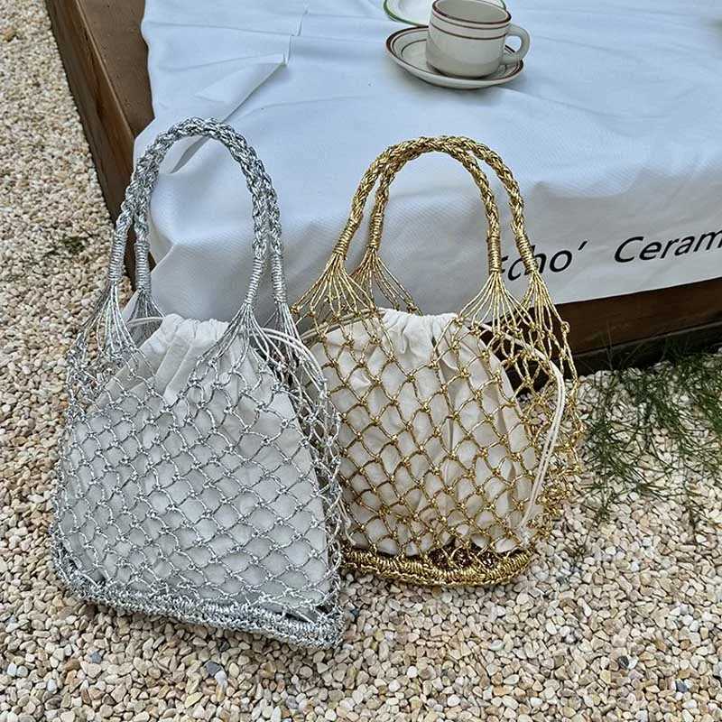 Hylhexyr Ins New Solid Color Gold and Thread Handmade Weaving Bag Bucket Shaped Handbag Beach Bags
