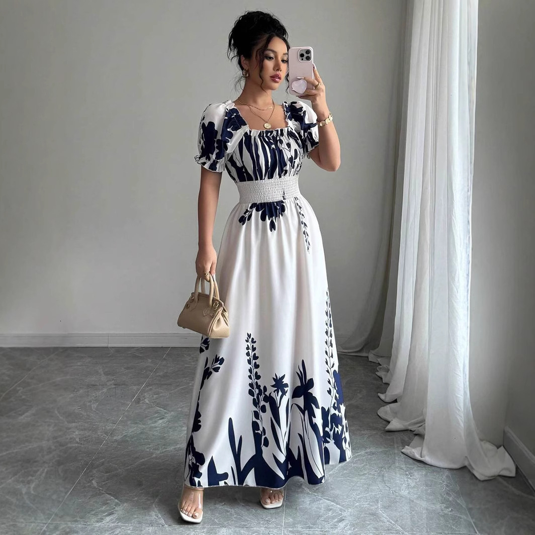 2025 Summer Amazon European and American New Style Puff Sleeve High Waist Cinched Printed Women's Flared Strap Dress