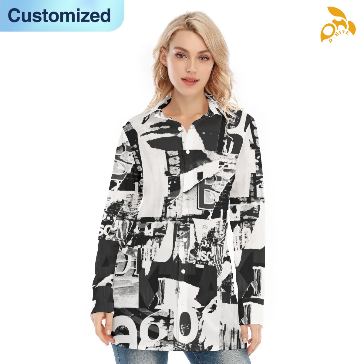 free shipping designer of customized trendy full-body printed women's long shirt with exquisite patterns from US