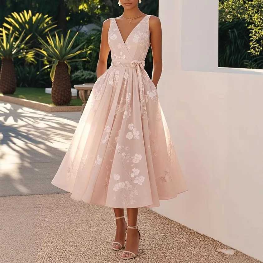 Stylish Temperament Printed Dress Elegant V-neck Mesh Sleeveless Waist Cinched Bow Dress Summer Women Long Dress Formal Dress R250716