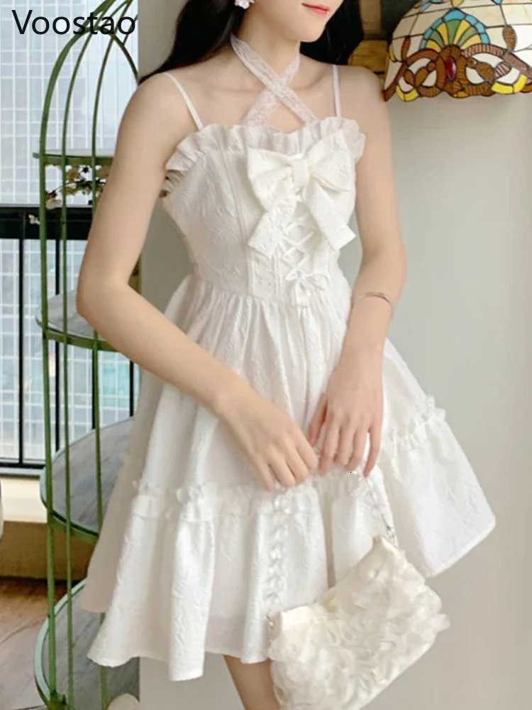 Summer White Strap Kawaii Lolita Dress Women Sexy Fairy Party Mini Dresses Casual Sweet Designer Bow Chic Korean Fashion Dress R250716