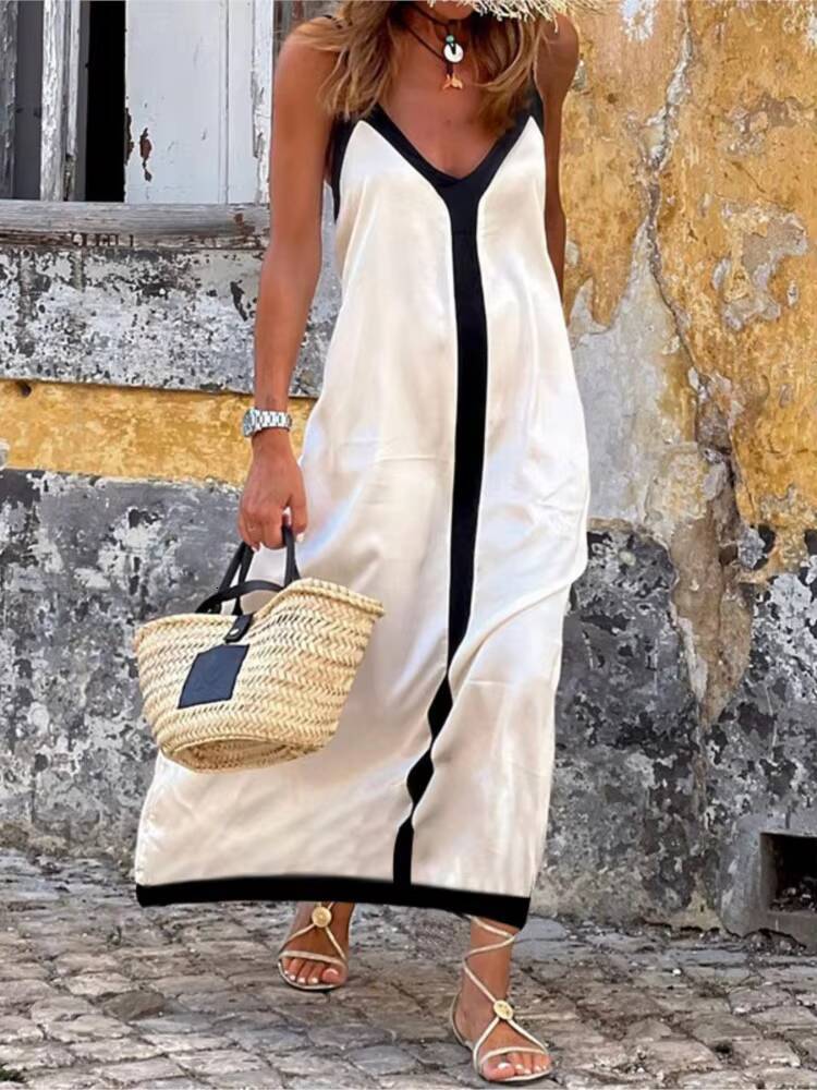 New Summer Holiday Style Beach Long Dress For Women 2024 Sexy V Neck Sleeveless Spaghetti Strap Loose Sundress Female Vestidos dongdumaoyi
