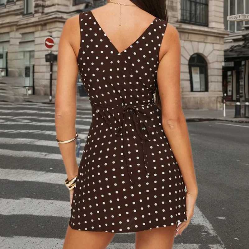 Suhcute Brown V-neck Polka Dot Mini Dress for Women Elegant Backless Party Sundress Sexy High Street Sleeveless Vacation Outfit R250716