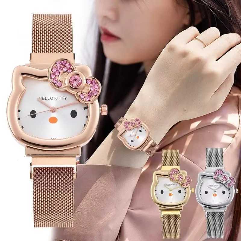 Sanrio Hello Kitty Diamond Watch Cat Bow Kawaii Pink Ladies Gold Silver Metal Jewelry Cartoon Magnetic Watch Girlfriend Birthday w250716
