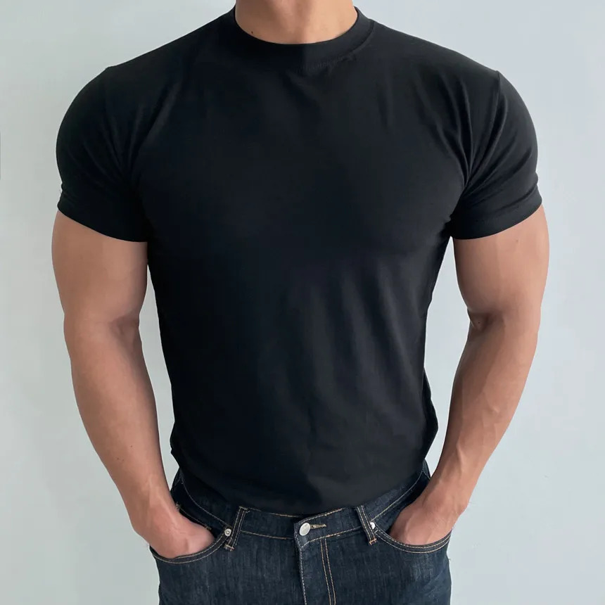 High quality mens short sleeve training T-shirt high elastic cotton breathable quick drying round neck solid color Tops 250715