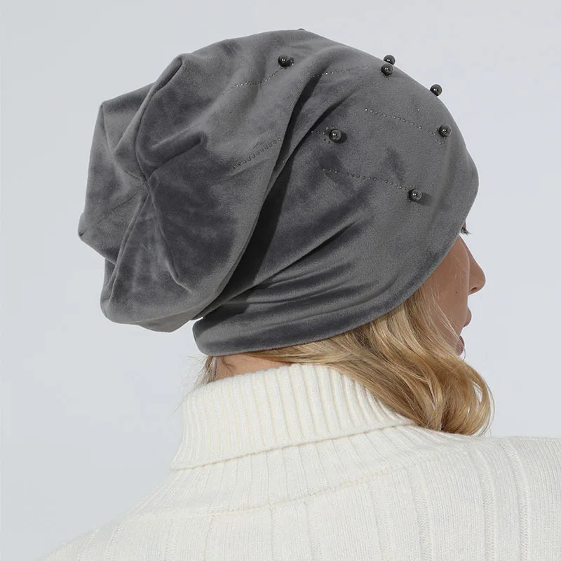 Soft Cotton Autumn Spring Beanie Hat Girls Pearl Rhinestones Warm Skullies Caps Turban Bonnet Hat Female Ladies 250715