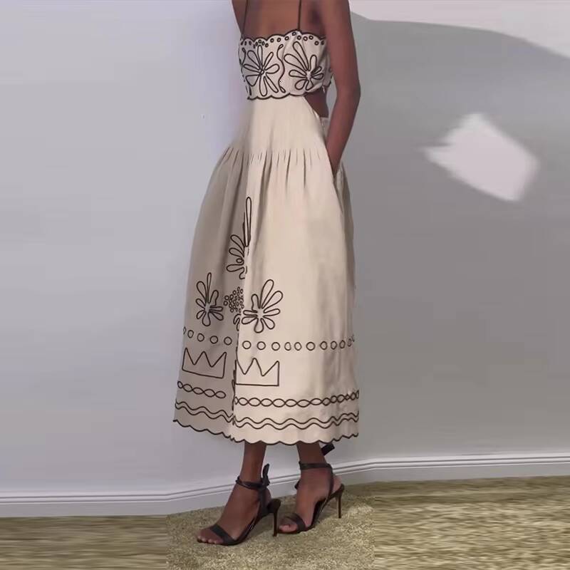 Vintage Embroidery Women Sling Dress Sexy Hollow Out Sleeveless Backless Wave Hem Lady Dresses 2024 New Summer Beach Ladies Robe dongdumaoyi