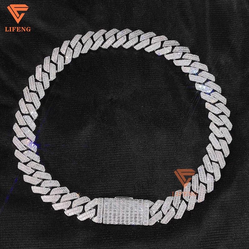 Lifeng Jewelry Mens S925 Hip Hop Cuban Link Chain VVS Moissanite IECD Diamond Necklace White Gold Plated