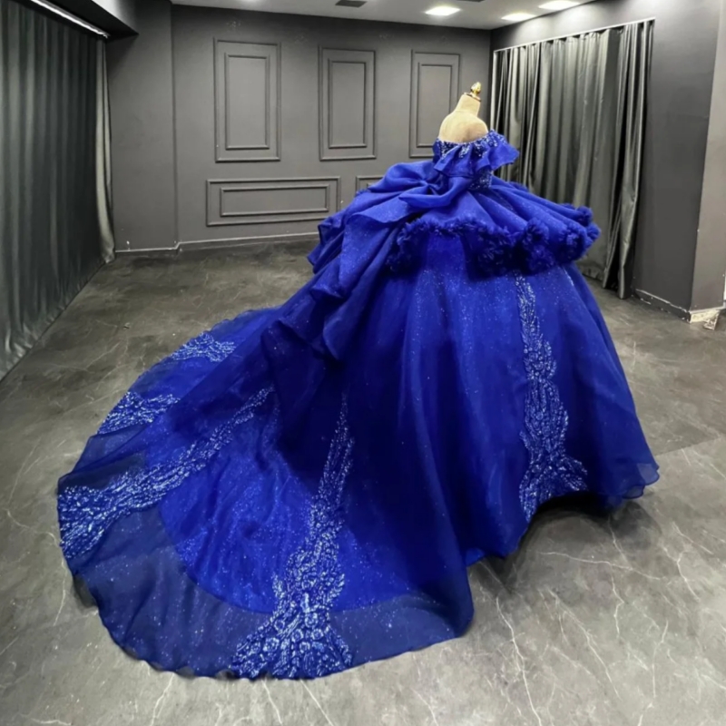 Royal Blue Shiny Quinceanera Dresses Ball Gown Off The Shoulder Applique Beading Tull Party Birthday Sweet 16 Dress Vestidos 15 Anos