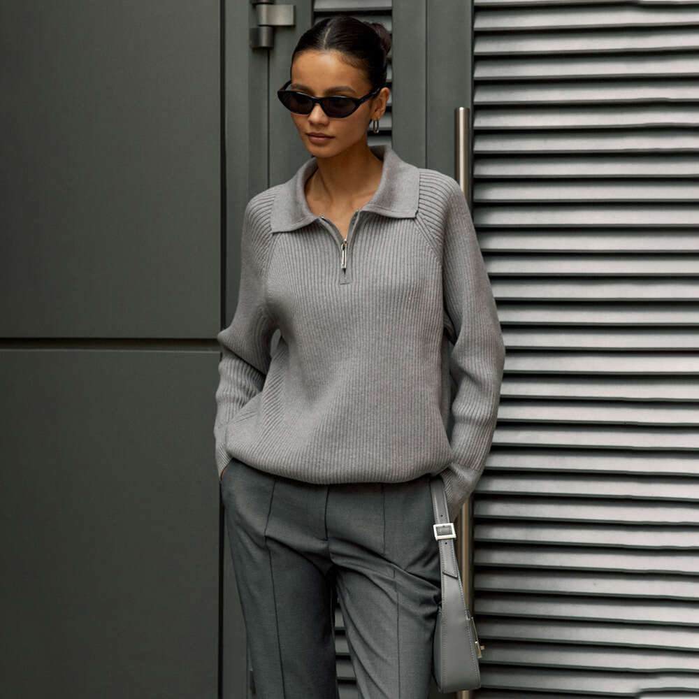 Autumn Winter Trendy Versatile Simple Casual Polo Turn-Down Collar Pullover Knitted Sweater B5