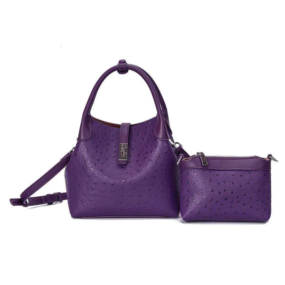 2025 New Ostrich PU Leather Bucket Bags for Women Adjustable Long Strap Designer Crossbody Handbags Shoulder Purse 2pcs Set