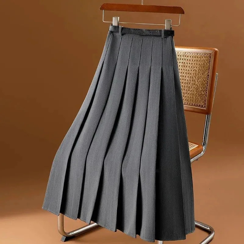 Lucyever All-Match Pleated Skirts Women Autumn Winter High Waist A-Line Folds Skirts Female Korean Fashion with Belt Midi Skirts 250715