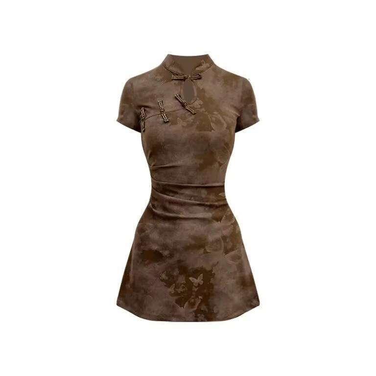 Summer New Chinese Style Women Butterfly Buckle Morden Short Sleeve Cheongsam Pleated Slim Design Dress Vestidos dongdumaoyi