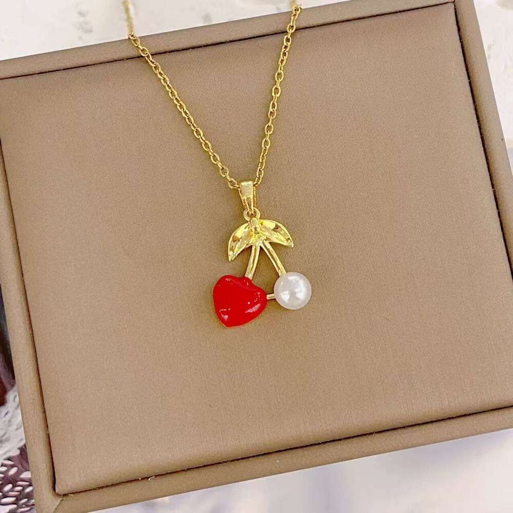 Necklace For Women Copper Inlaid With Zircon Red Cherry Pendant Fashionable Fresh High-End Clavicle Chain Accessory 653