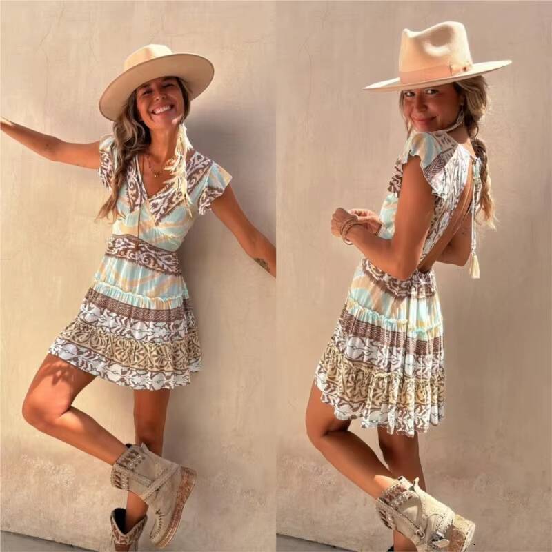Ethnic Style Dress Summer 2024 New V-neck Pullover Printed Flying Sleeves A-line Waist Cinched Womens Short Skirt dongdumaoyi