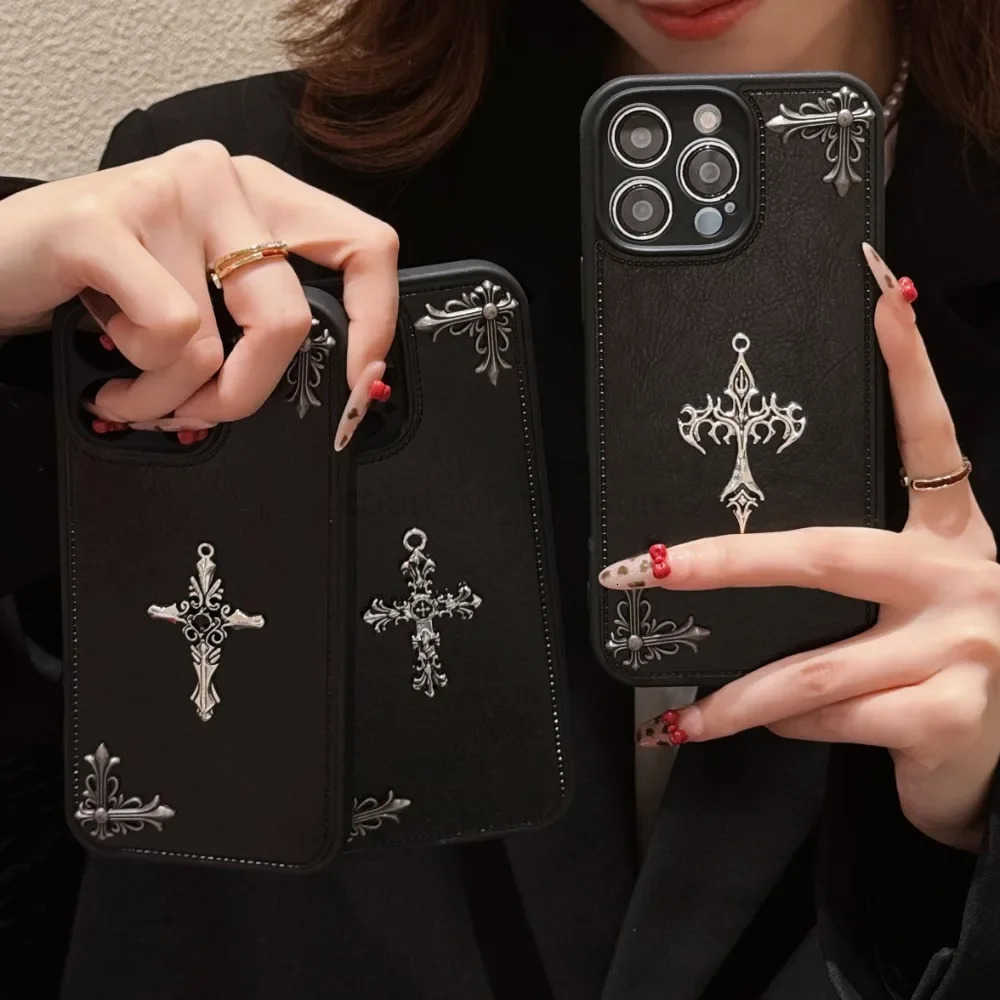 For iPhone 16 15 14 13 12 11 Pro Max Luxury Gothic High Grade Leather Phone Case Fashion Trends 3D Metal Cross Protection Cover M250716
