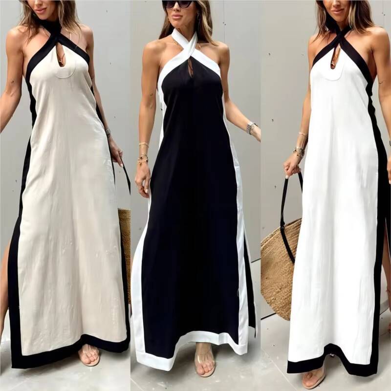 Boho Summer Sexy Womens Dress New Style Cotton Linen Backless Halterneck Slit Vintage Prom Dresses For Women Maxi Robe Femme dongdumaoyi