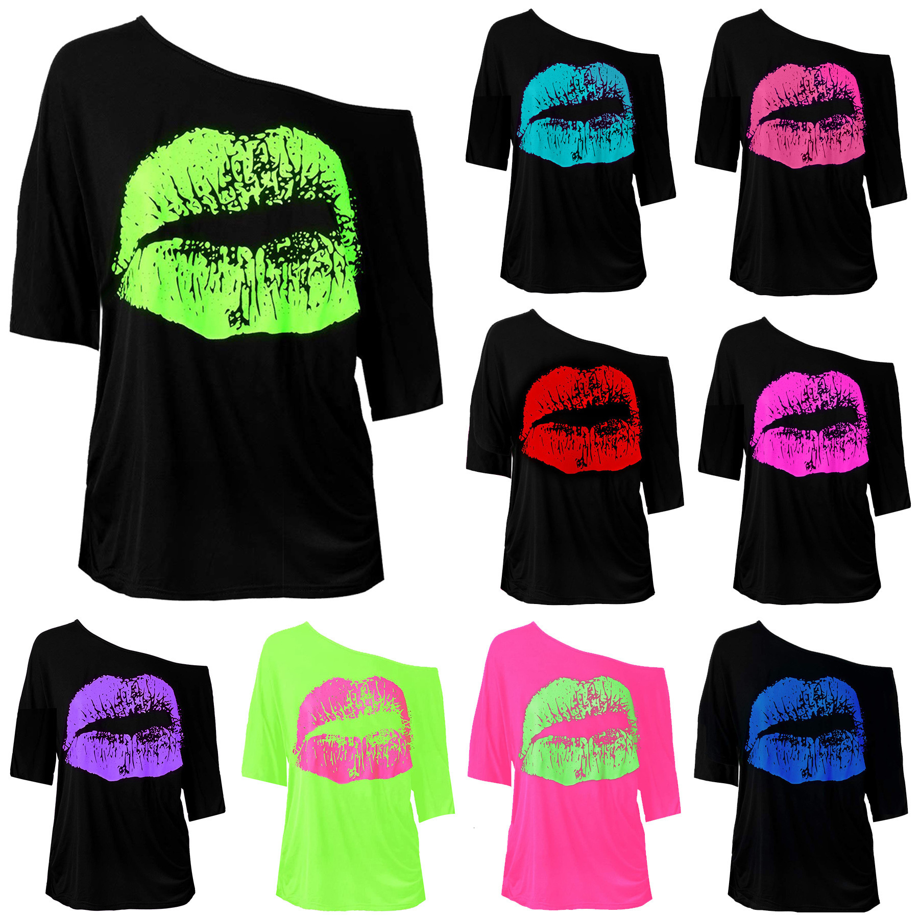 Summer New Women S T Shirt Amazon European And American Spring Autumn Retro Big Lips Print Clothing Off Shoulder Mid Sleeve Designer