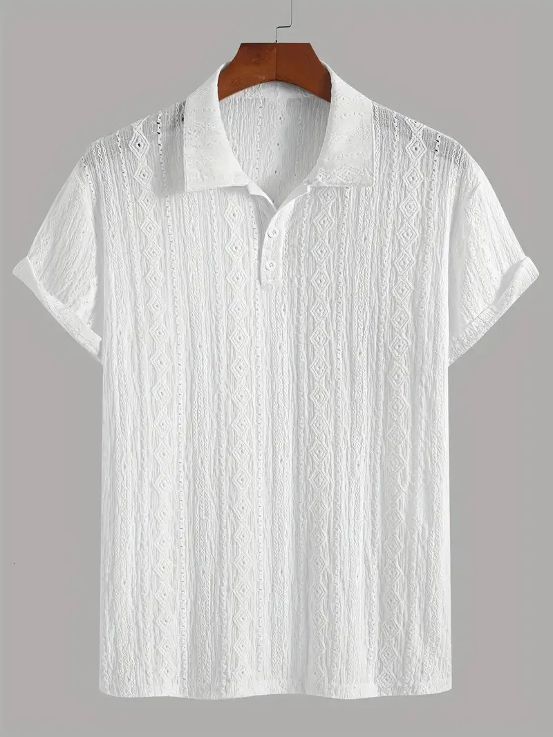 Polo Shirts For Men Streetwear Solid Color Jacquard Textured Half Buttoned Short Sleeves T-shirt Mens Basic Tops 250715