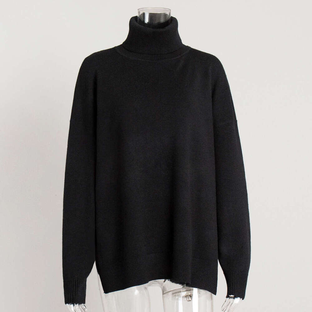 Turtleneck Women Autumn Winter New Casual Style Split Loose Solid Color Knitted Sweater B5