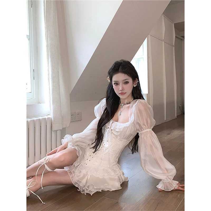 2K Ruffles White Mini Dress Women Vintage Party Bandage Corset Dresses Summer Korean Aesthetic Square Collar Bodycon Dresses R250716