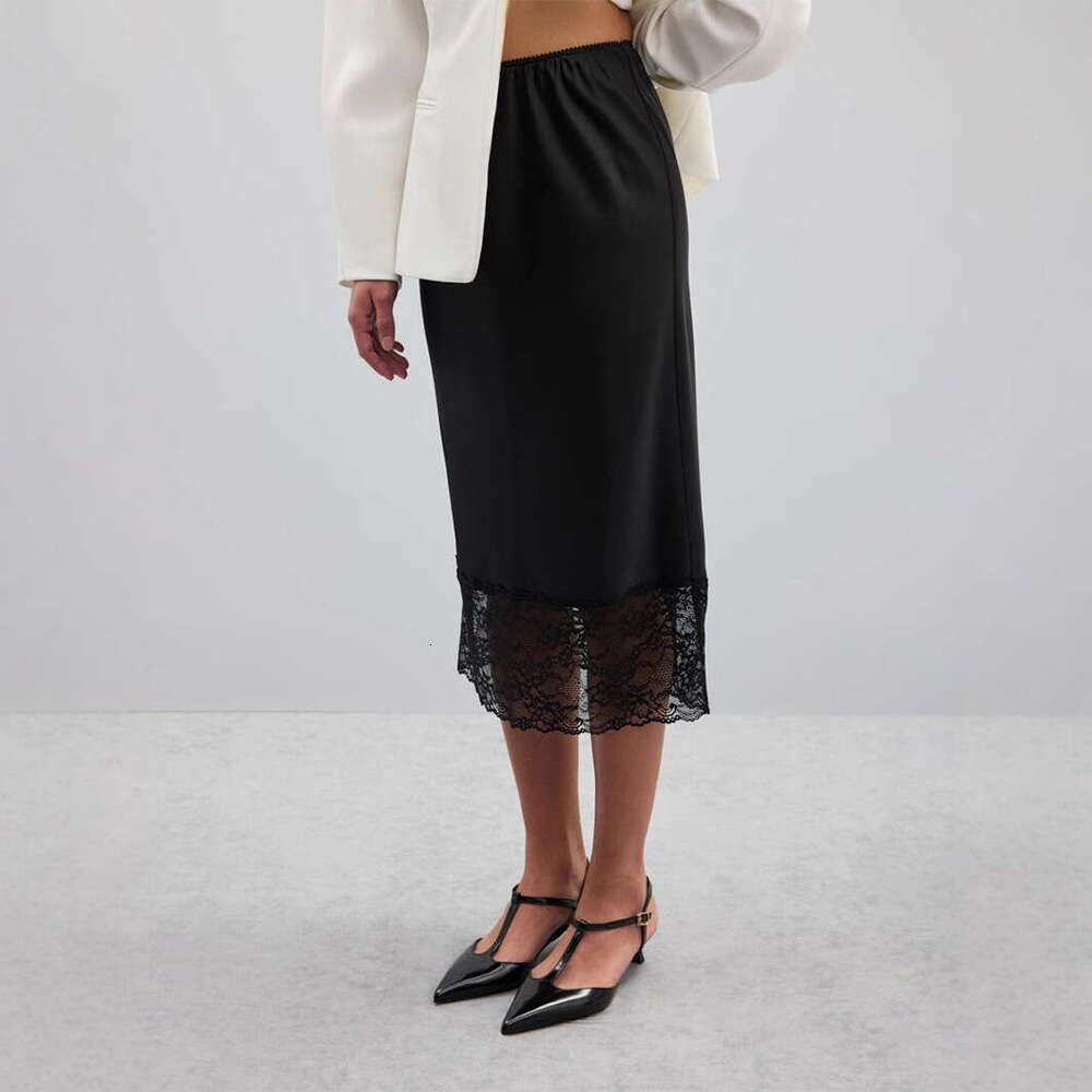 Summer New Patchwork For Women, Solid Color Satin Lace Trim Skirt B5