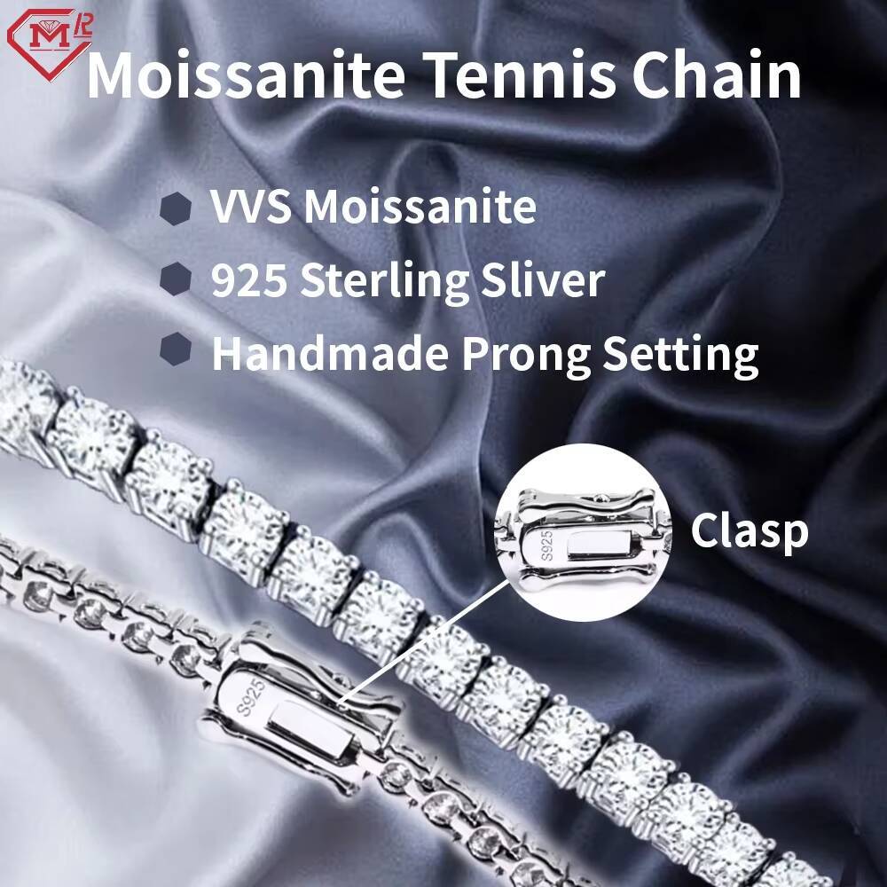 Iced Out 3mm Tennis Chains Necklace VVS Moissanite 925 Silver 10k Gold Moissanite Tennis Chain