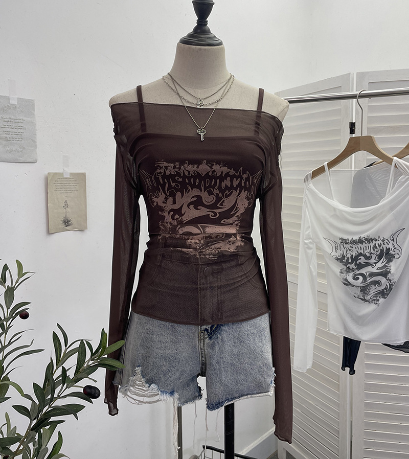 Summer New Women S T Shirt Real Shot Hot Girl Off Shoulder Mesh Sunscreen Cover Up Camisole Long Sleeve T Shirt Two Piece Set For Women New Designer T