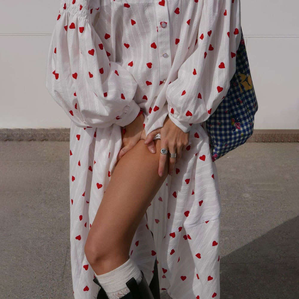 Heart Print For Women Spring Summer Patchwork Long Lantern Sleeve Pure Cotton Flared Dress B5