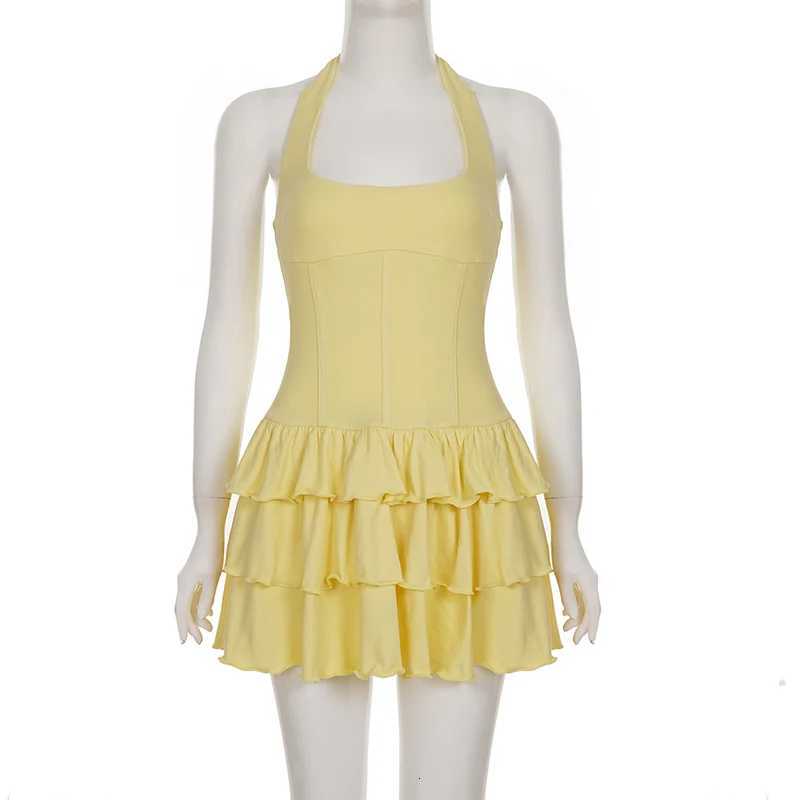 Turnova Vacation Halter Mini Dress for Women Solid High Waist Puffy Dress Ruffled Splice Fashion Sexy Slim Dress 2025 Summer New R250716