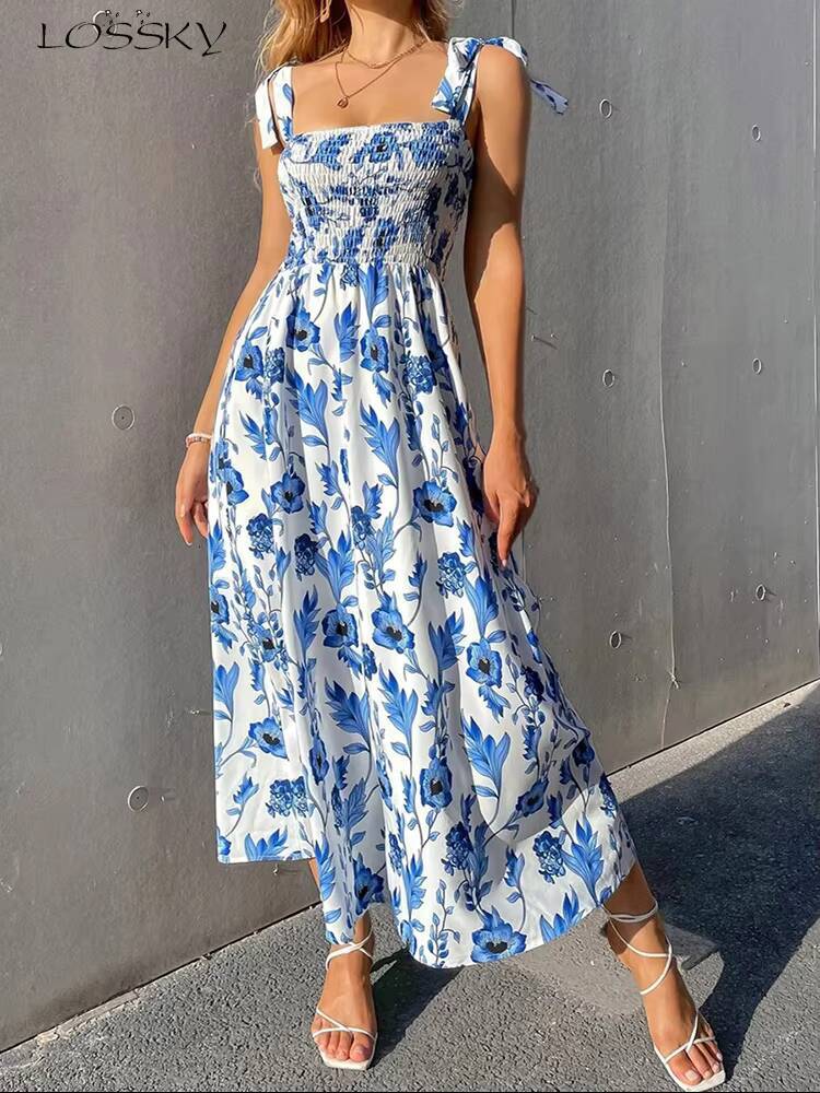 Sexy Floral Long Dress Women Fashion Backless Sleeveless Bandage Beach Sundress Casual Green Summer Ladies New In Dresses dongdumaoyi