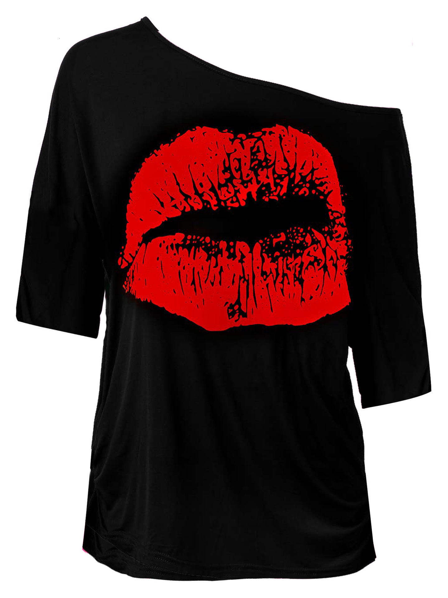 Summer New Women S T Shirt Amazon European And American Spring Autumn Retro Big Lips Print Clothing Off Shoulder Mid Sleeve Designer