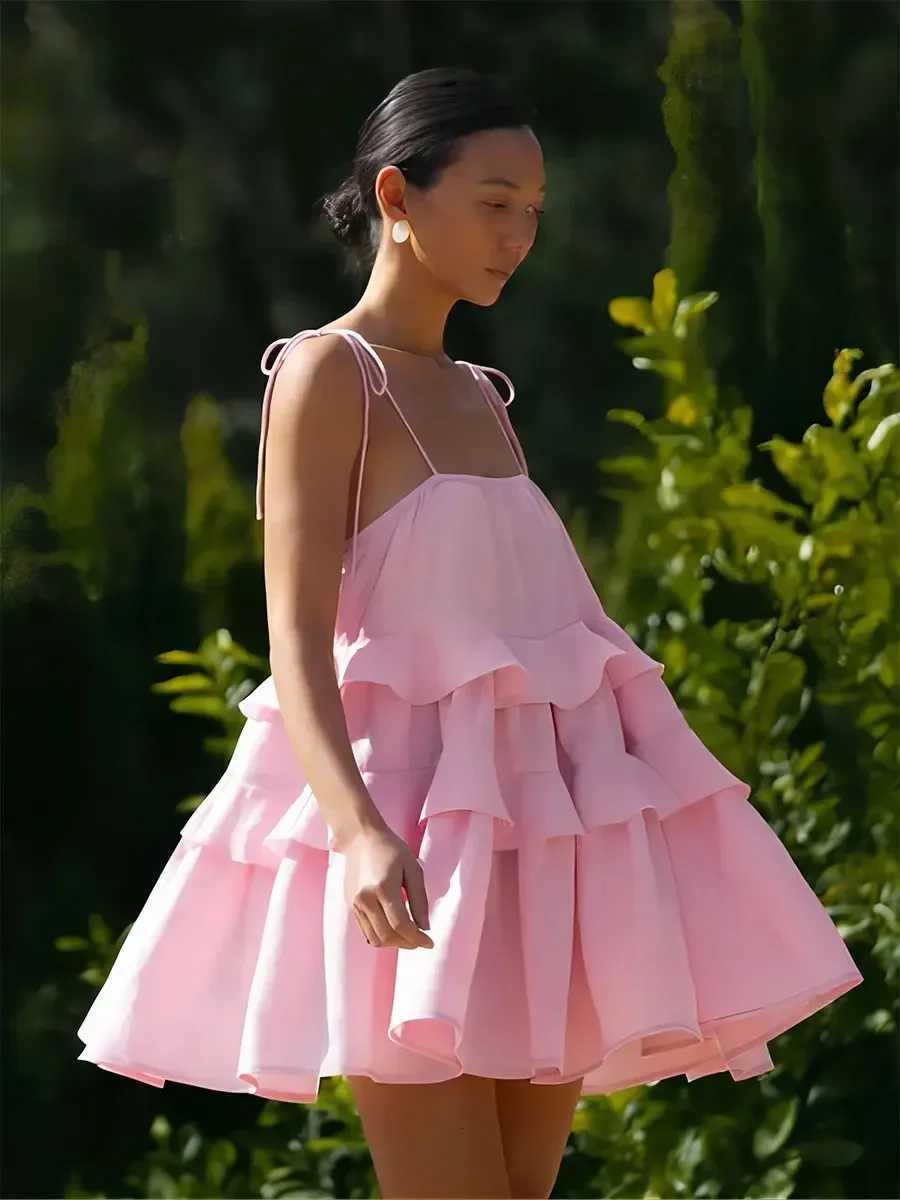 100% Cotton Womens Summer Dress Strap Sleeveless Mini Dress Classic Ruffle Female Beach Dress R250716