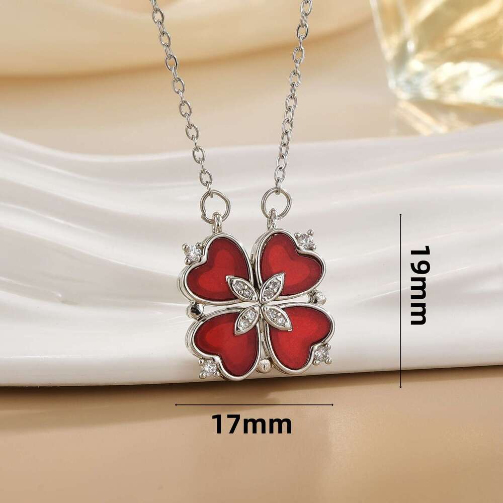 Necklace For Women Red Mother-Of-Pearl Four-Leaf Zircon Live Multi-Way Wear Heart Collarbone Chain Korean Style Internet Celebrity Jewelry D14