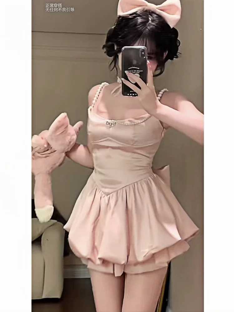 Women Sweet Satin Mini Dress Pearl Strap Puff Skirt Cute Princess Style Slim Fit Sleeveless Dress Party Holiday Summer Look 2025 R250716