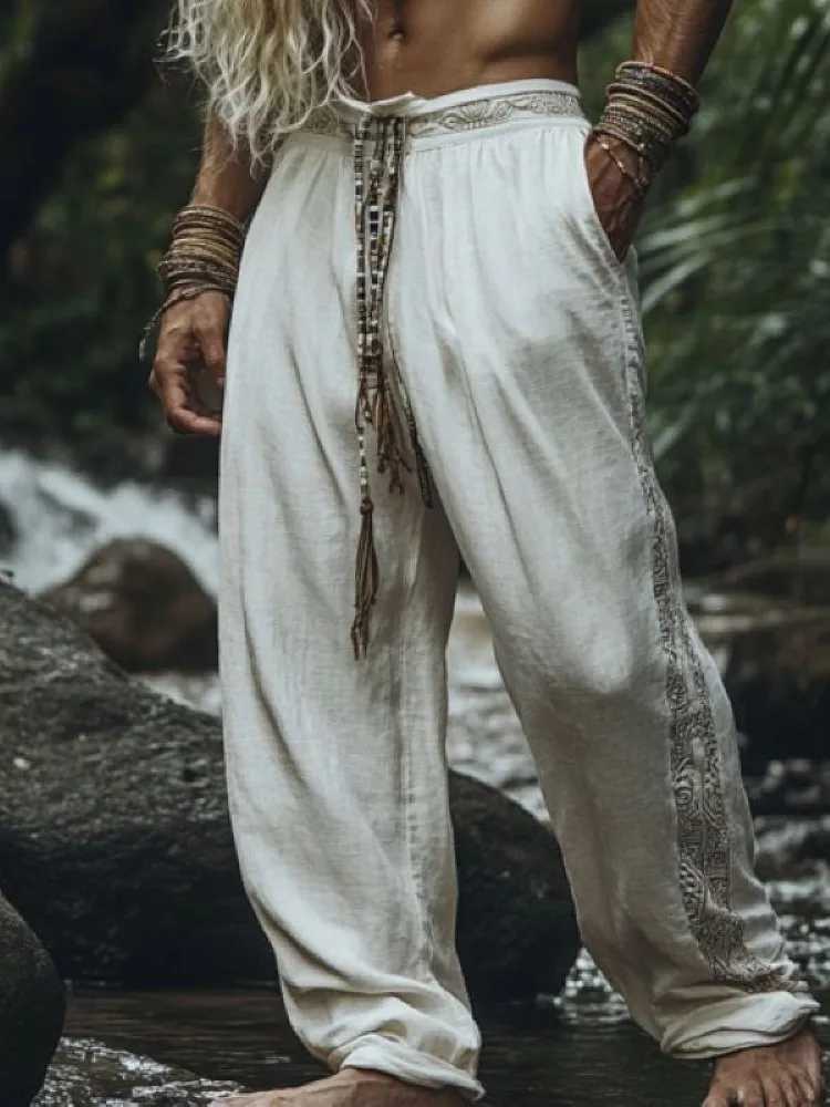 Mens Bohemian holiday style vintage ethnic totem print simple casual pants y250716