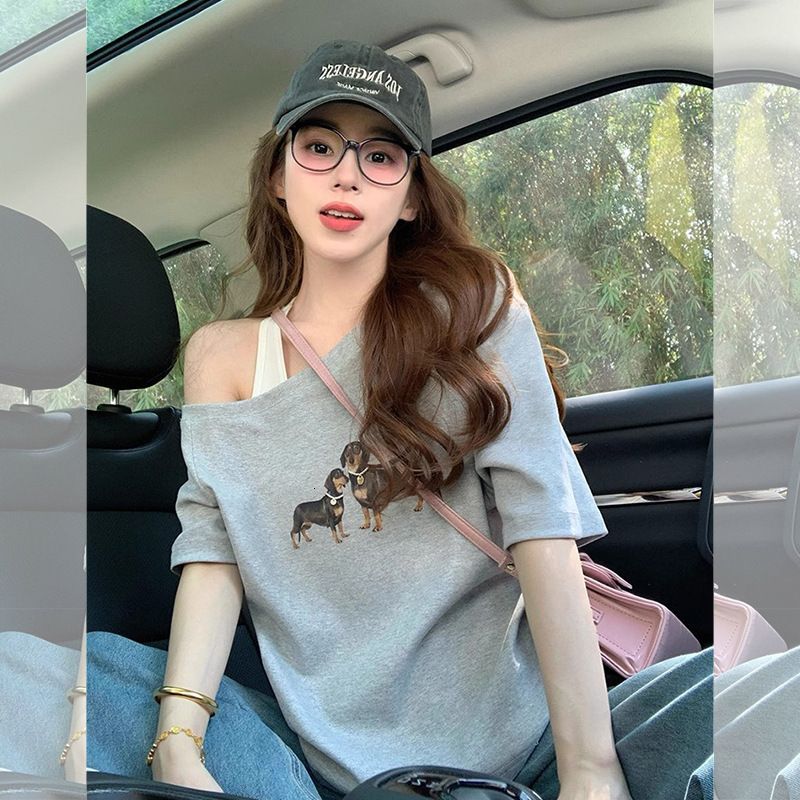 Summer New Women S T Shirt Gray Asymmetrical Short Sleeve T Shirt For Women Summer New Puppy Print Design American Style Loose Off Shoulder Top Ins Ne