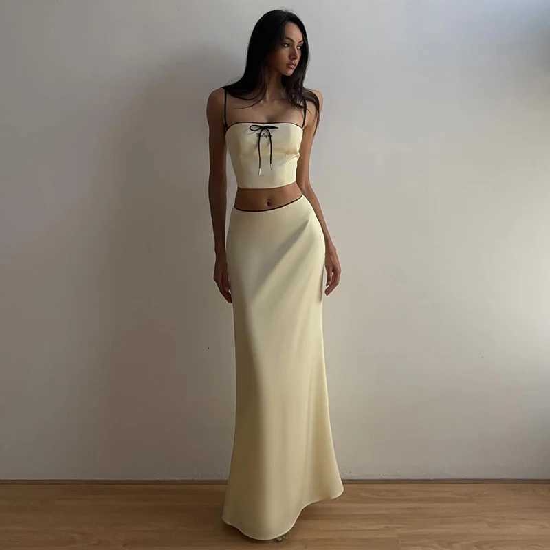 Sexy Camis Skirt Two Piece Set Women Summer New Sleeveless Crop Top High Waist Skirt Solid Slim Fashion Party Outfit Streetwear R250716