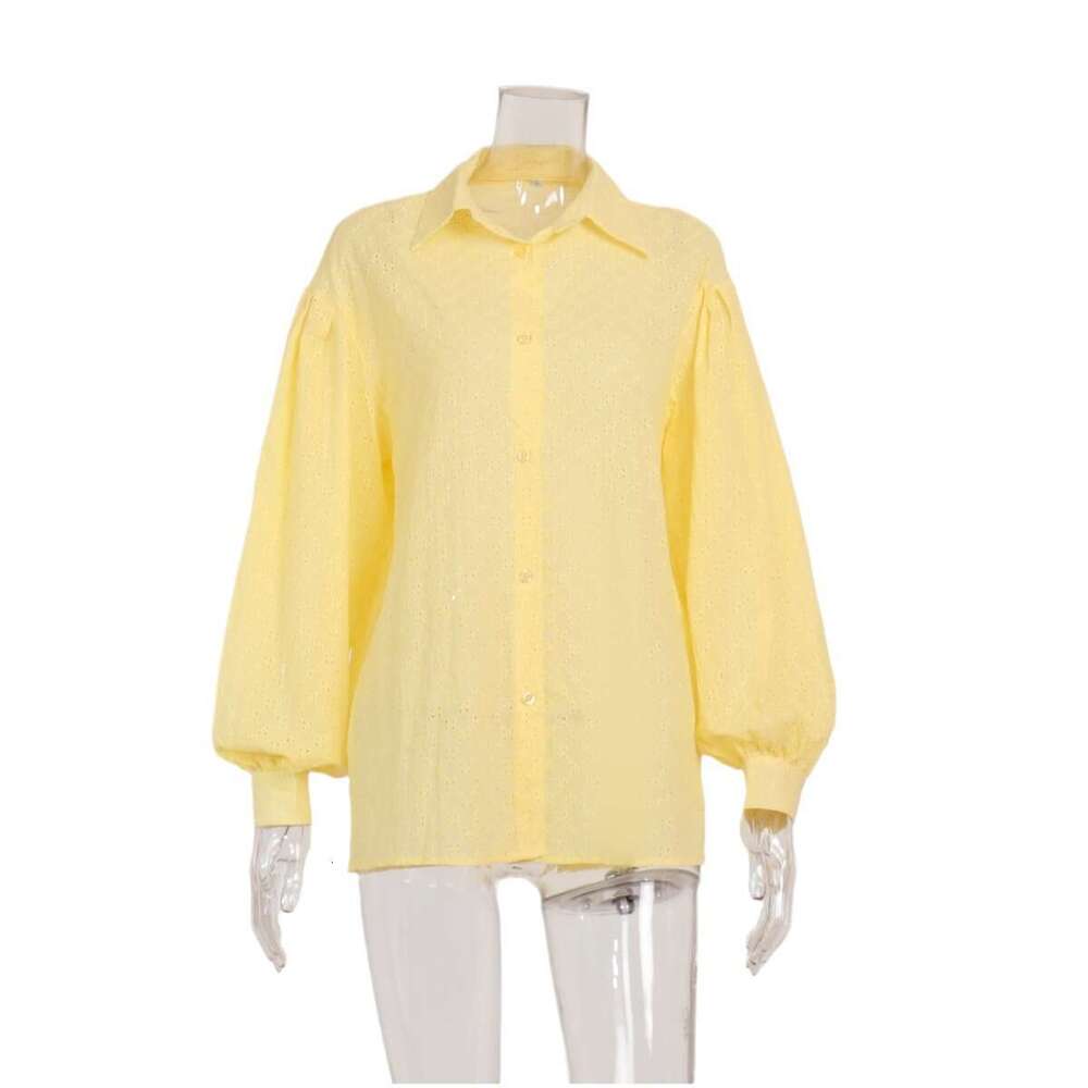 Lantern Sleeve Jacquard Shirt Spring Elegant Versatile Polo Collar Small Hollow Design Blouse B5
