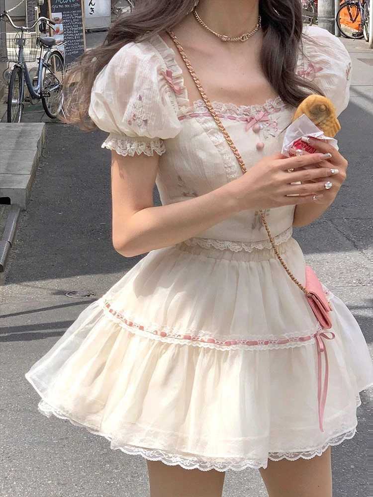 Elegant Sweet 2 Piece Skirt Sets Female Lace Pleated Y2k Crop Top + Cute Mini Cake Skirts Japanese Lolita Vintage Suits Summer R250716