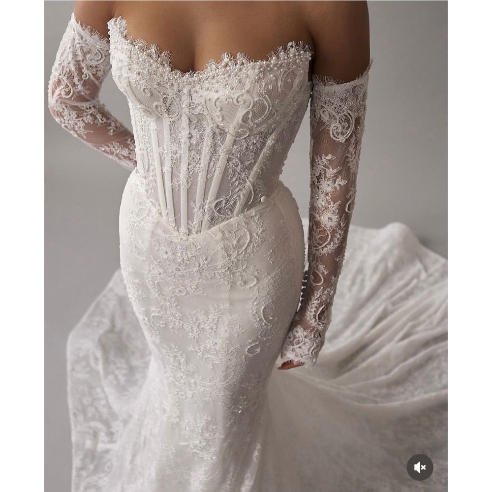 Full Lace Boho Mermaid Wedding Dresses With Detachable Train Corset Strapless Long Bridal Gowns Romoveable Sleeves Ivory Vestido De Novia Back Lace-up