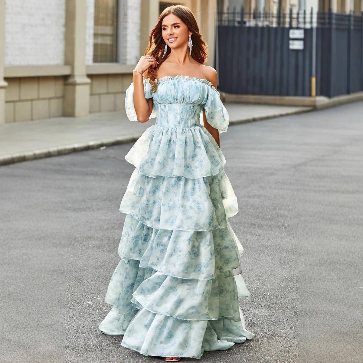 2025 Pastoral Style Sweet Cake Dress European and American Puff Sleeve Short Tie Waist Solid Color Floral Fairy Long
