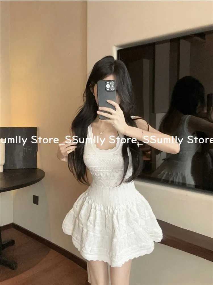 French Elegant Lace White Slip Dress Women 2025 Summer Knit Sweet Vest Mini Dresses Korean Chic Sleeveless Casual One-Piece Dress R250716