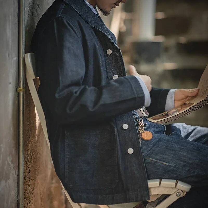 Maden Lapel Jeans Jacket 13.5 Oz Multi Pockets Coat Mens Vintage Deck Workwear Denim Shirts Quality Fashion Clothes For Male