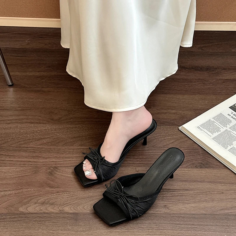 Summer Floral High Heels Women Slippers Fashion Square Toe Slip On Shoes Ladies Outdoor Party Dress Slides 250712