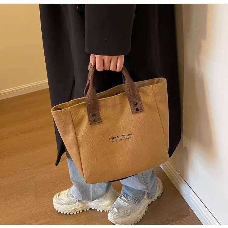 New Canvas Solid Tote Japanese Style Office Worker Simple Lunch Box Color Block Shoulder Bag