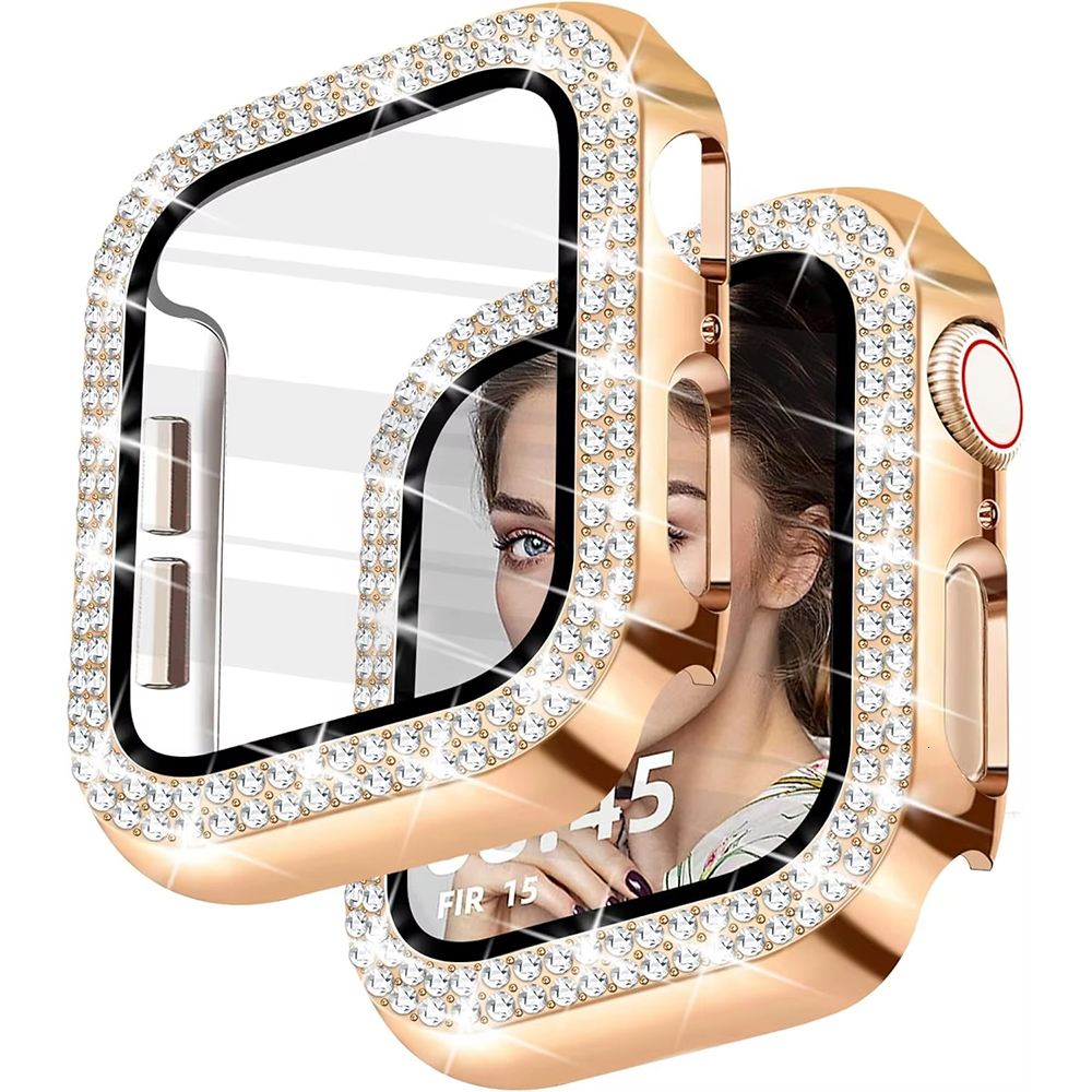 Dia Cover Built-in Tempered Glass Apple Watch 8 Case 45mm 41mm Bling Protective Bumper for iWatch Series 7