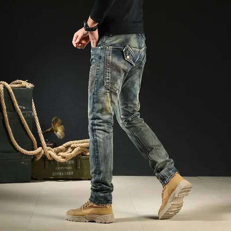 Male Cowboy Pants Skinny Low Rise Jeans For Men Motorcycle Slim Fit Trousers 90S Streetwear Straight Tight Pipe Retro Casual Xs
