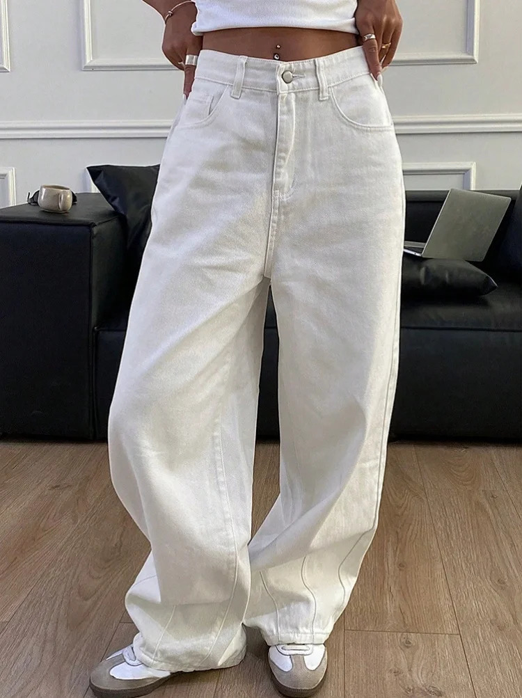 Loose Jeans Fashion Women High Waist Pocket White Solid Retro Wide Leg Denim Pants Casual Office Lady Commute Trousers 250716