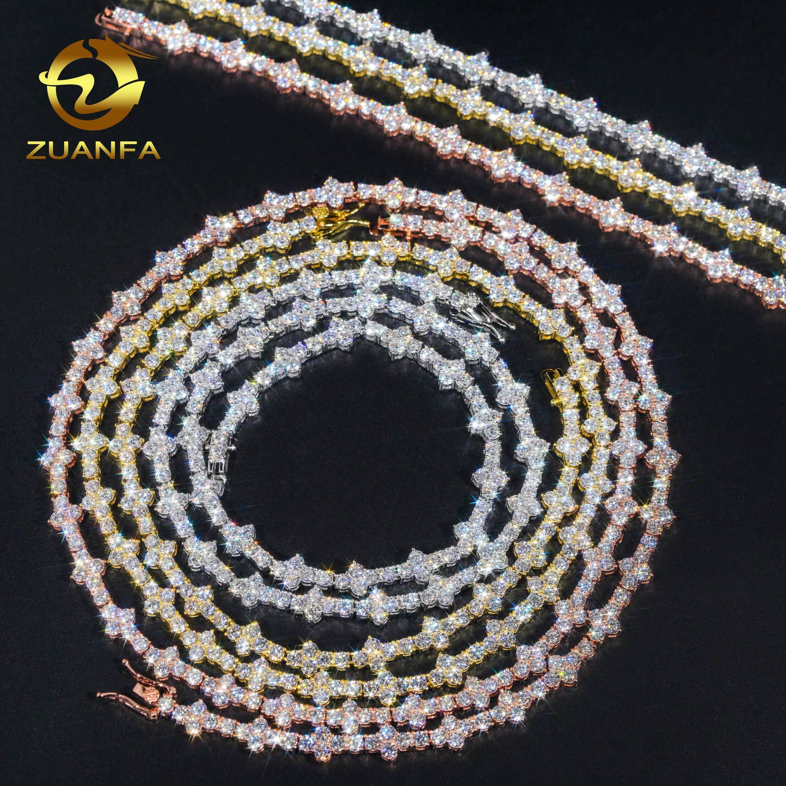 Bulk Stock Claw Setting 3mm 4mm Solid Silver Gold Plated Hip Hop Jewelry D VVS Moissanite Diamond Cross Cluster Tennis Chain